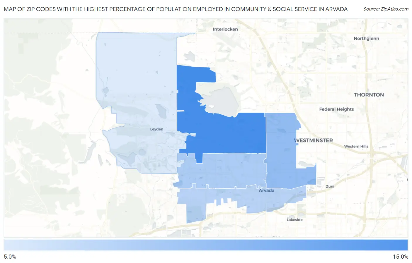 Zip Codes with the Highest Percentage of Population Employed in Community & Social Service  in Arvada Map