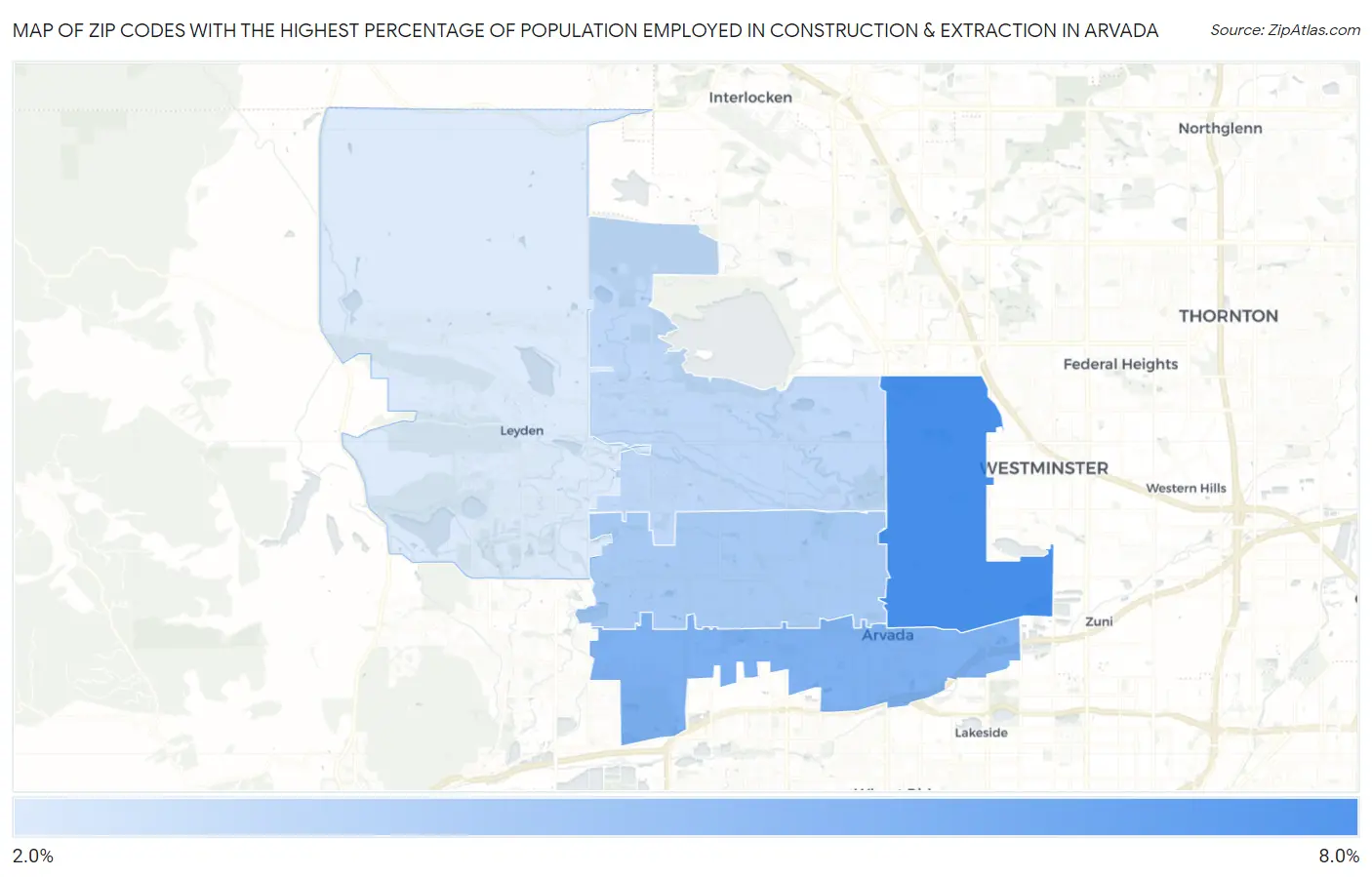 Zip Codes with the Highest Percentage of Population Employed in Construction & Extraction in Arvada Map