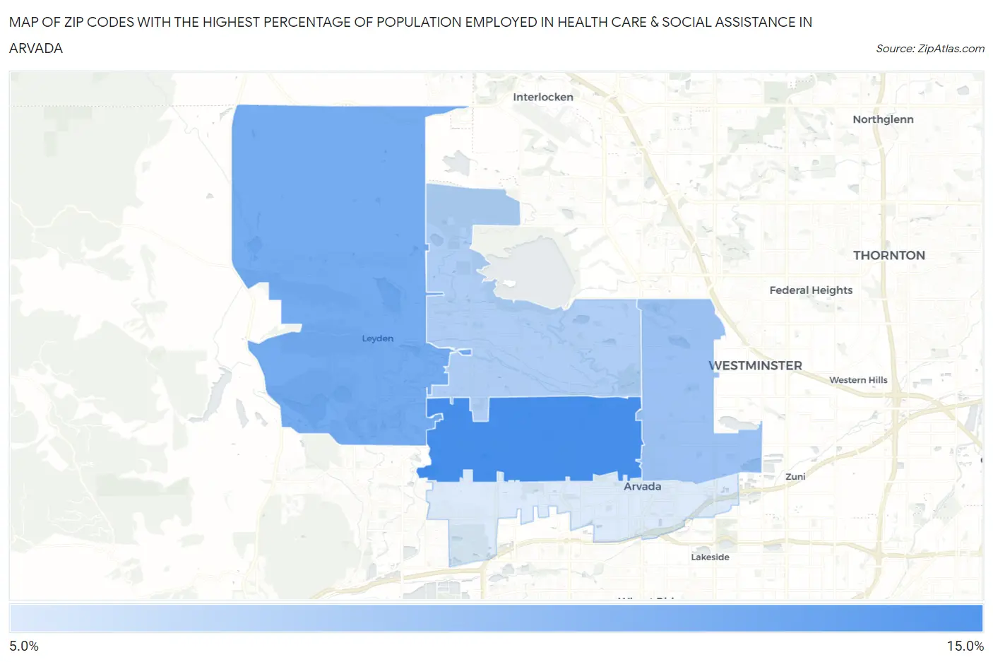Zip Codes with the Highest Percentage of Population Employed in Health Care & Social Assistance in Arvada Map