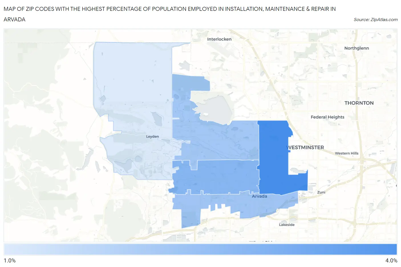 Zip Codes with the Highest Percentage of Population Employed in Installation, Maintenance & Repair in Arvada Map