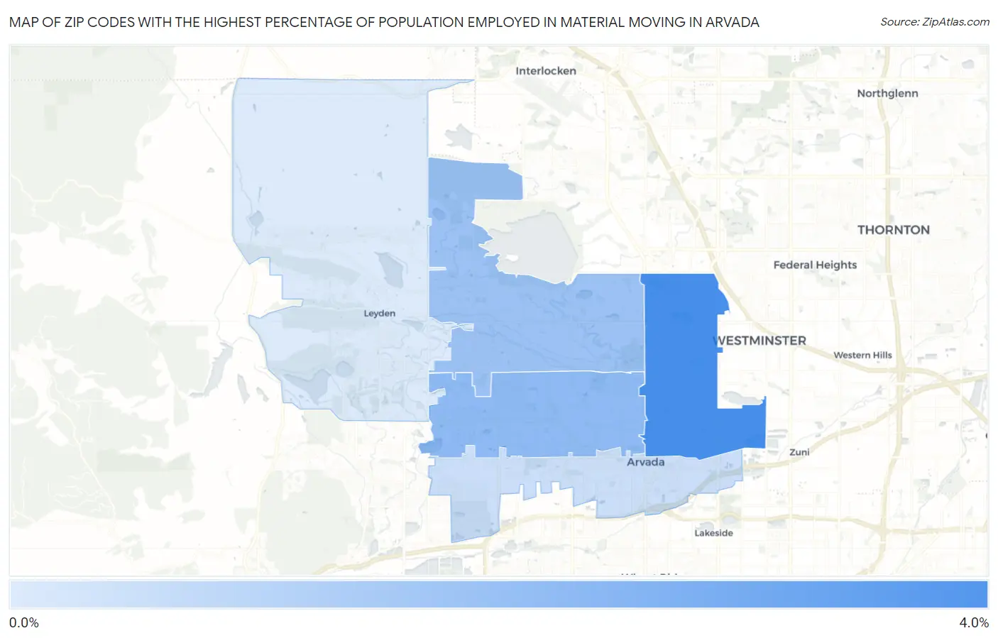 Zip Codes with the Highest Percentage of Population Employed in Material Moving in Arvada Map