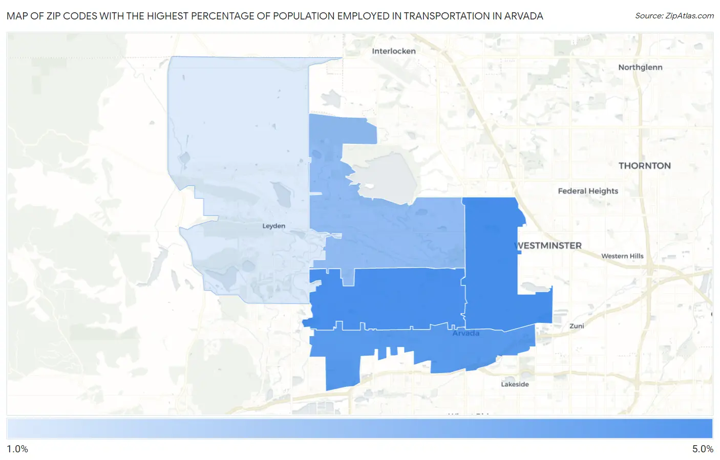 Zip Codes with the Highest Percentage of Population Employed in Transportation in Arvada Map