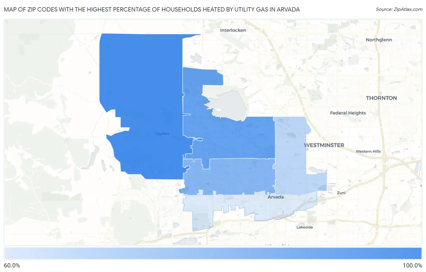 Zip Codes with the Highest Percentage of Households Heated by Utility Gas in Arvada Map