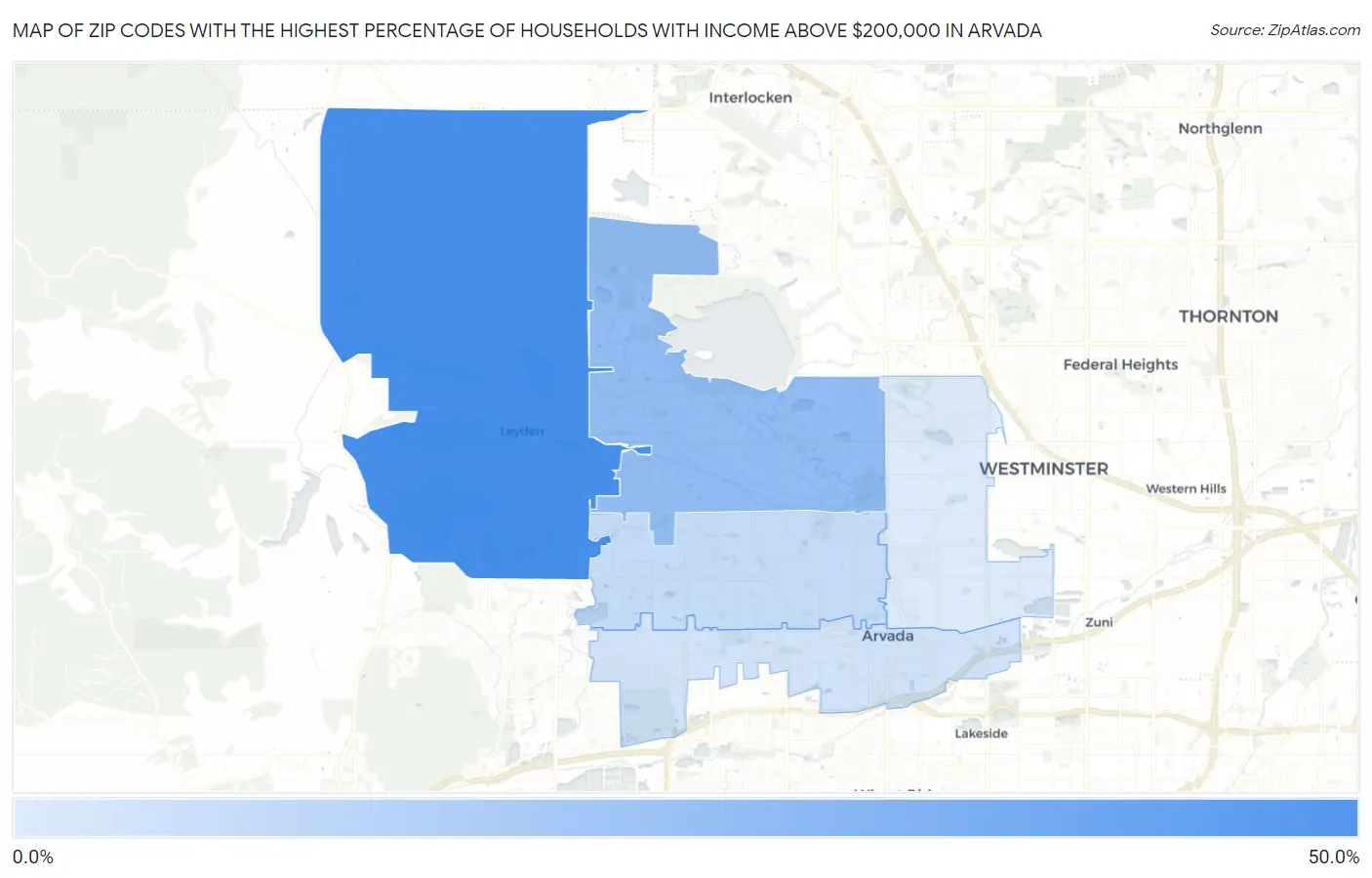 Zip Codes with the Highest Percentage of Households with Income Above $200,000 in Arvada Map