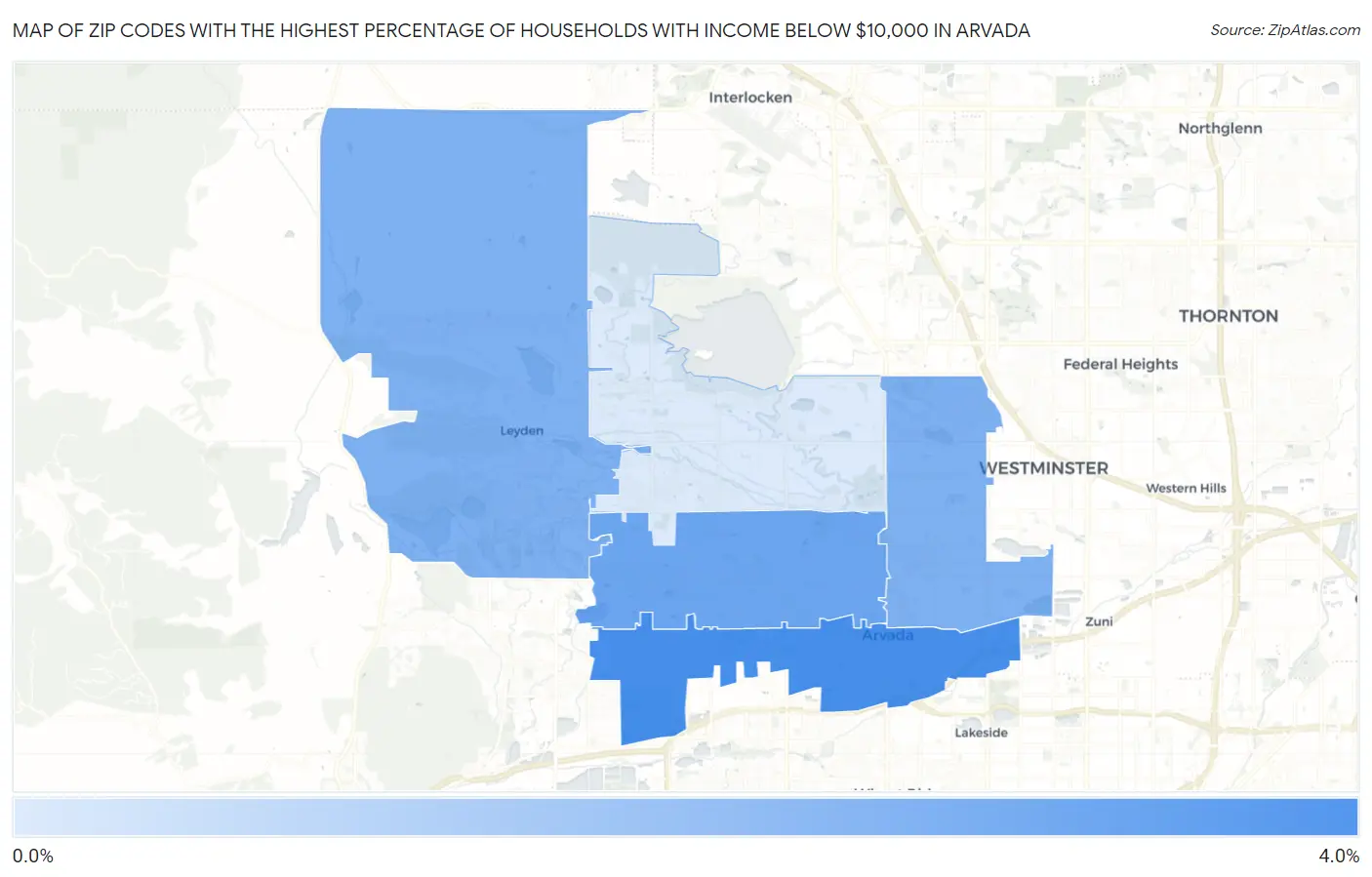 Zip Codes with the Highest Percentage of Households with Income Below $10,000 in Arvada Map