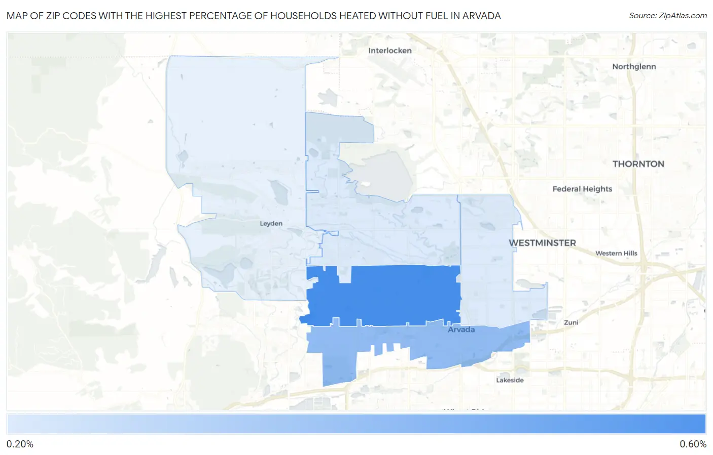 Zip Codes with the Highest Percentage of Households Heated without Fuel in Arvada Map