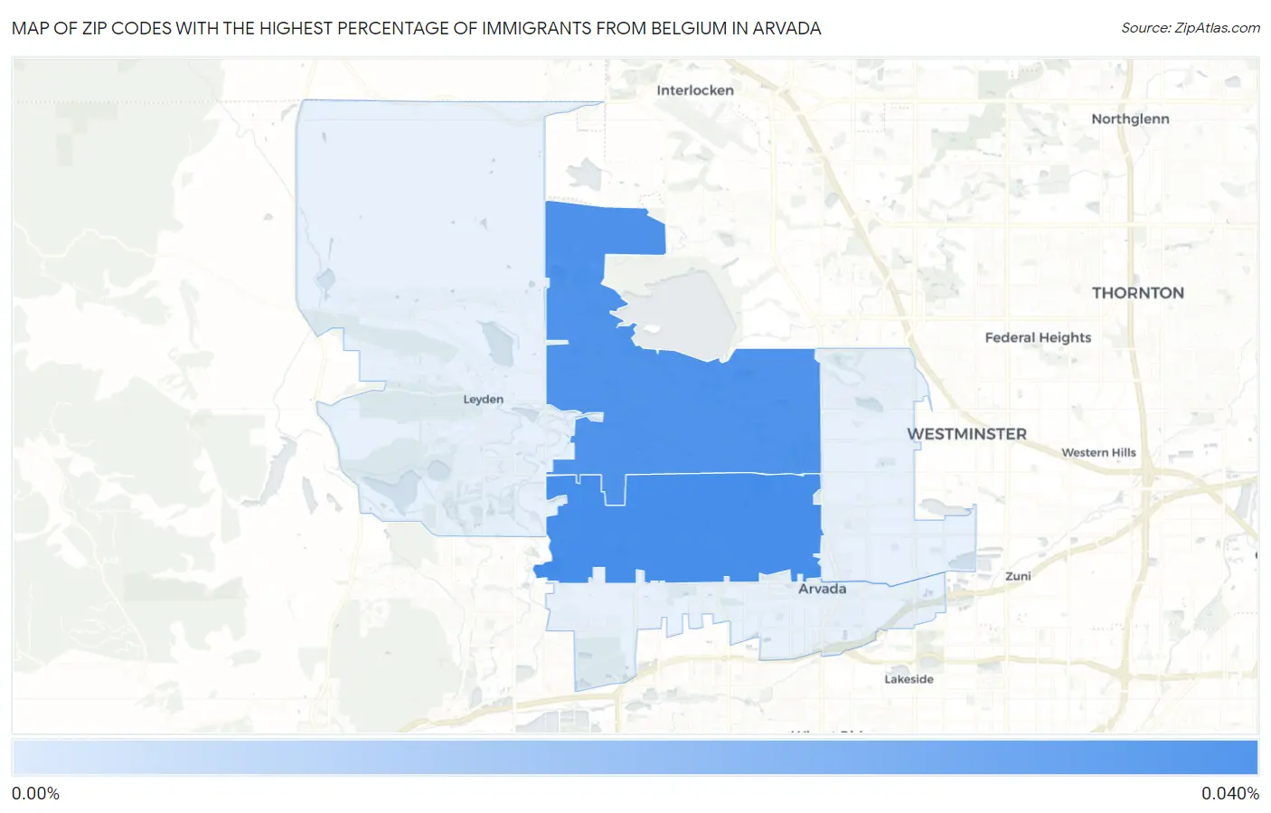 Zip Codes with the Highest Percentage of Immigrants from Belgium in Arvada Map