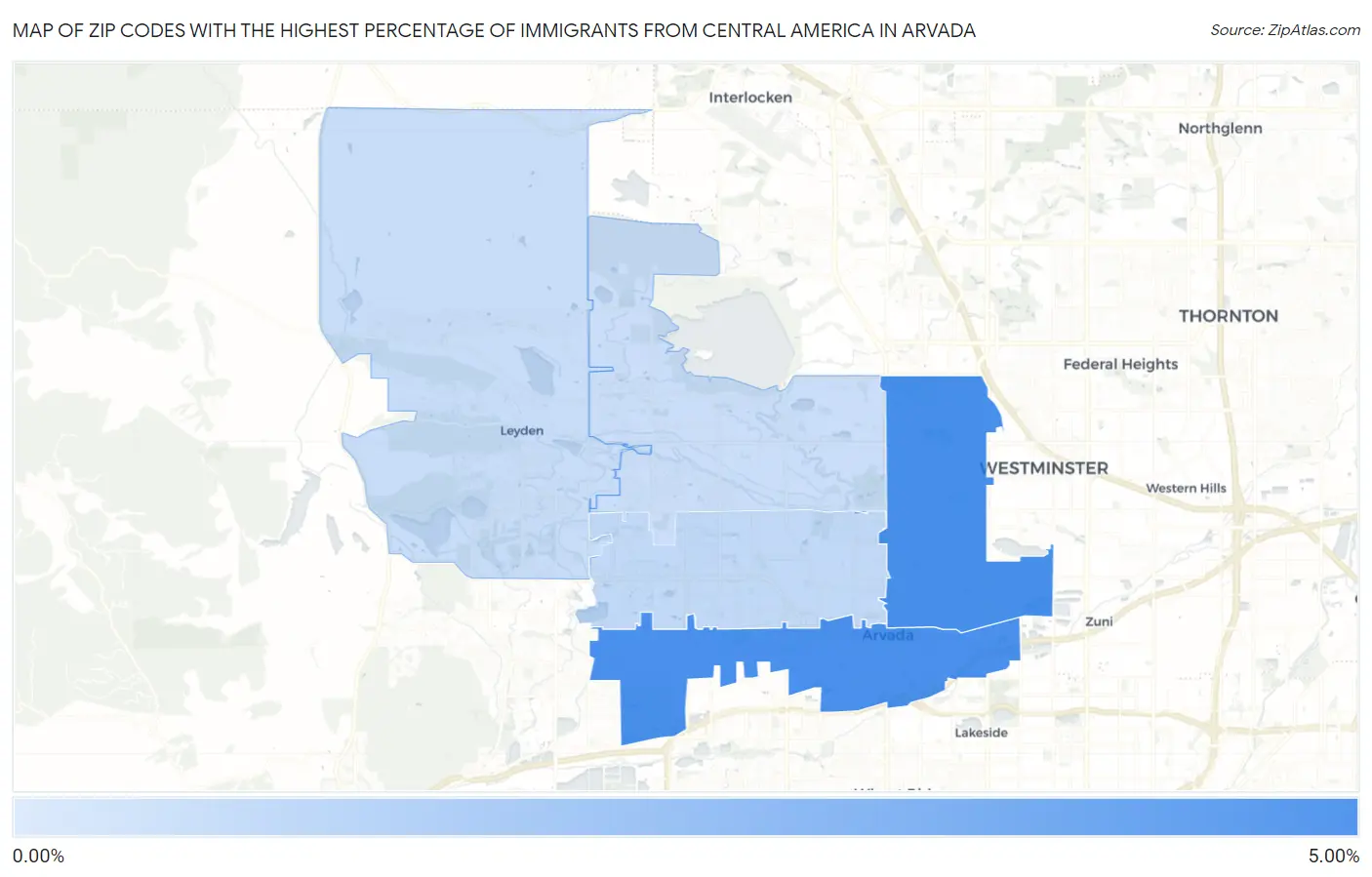 Zip Codes with the Highest Percentage of Immigrants from Central America in Arvada Map