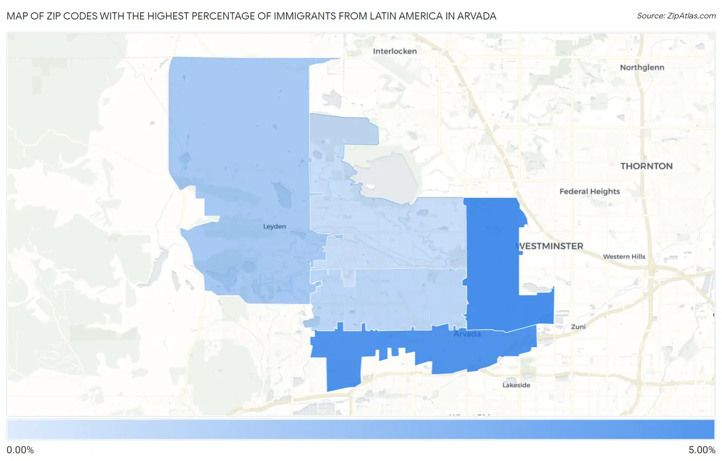 Zip Codes with the Highest Percentage of Immigrants from Latin America in Arvada Map