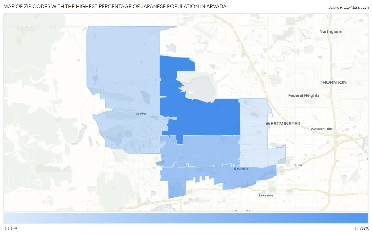 Zip Codes with the Highest Percentage of Japanese Population in Arvada Map