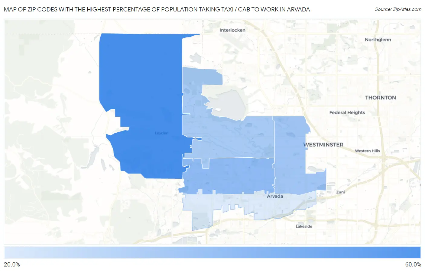 Zip Codes with the Highest Percentage of Population Taking Taxi / Cab to Work in Arvada Map