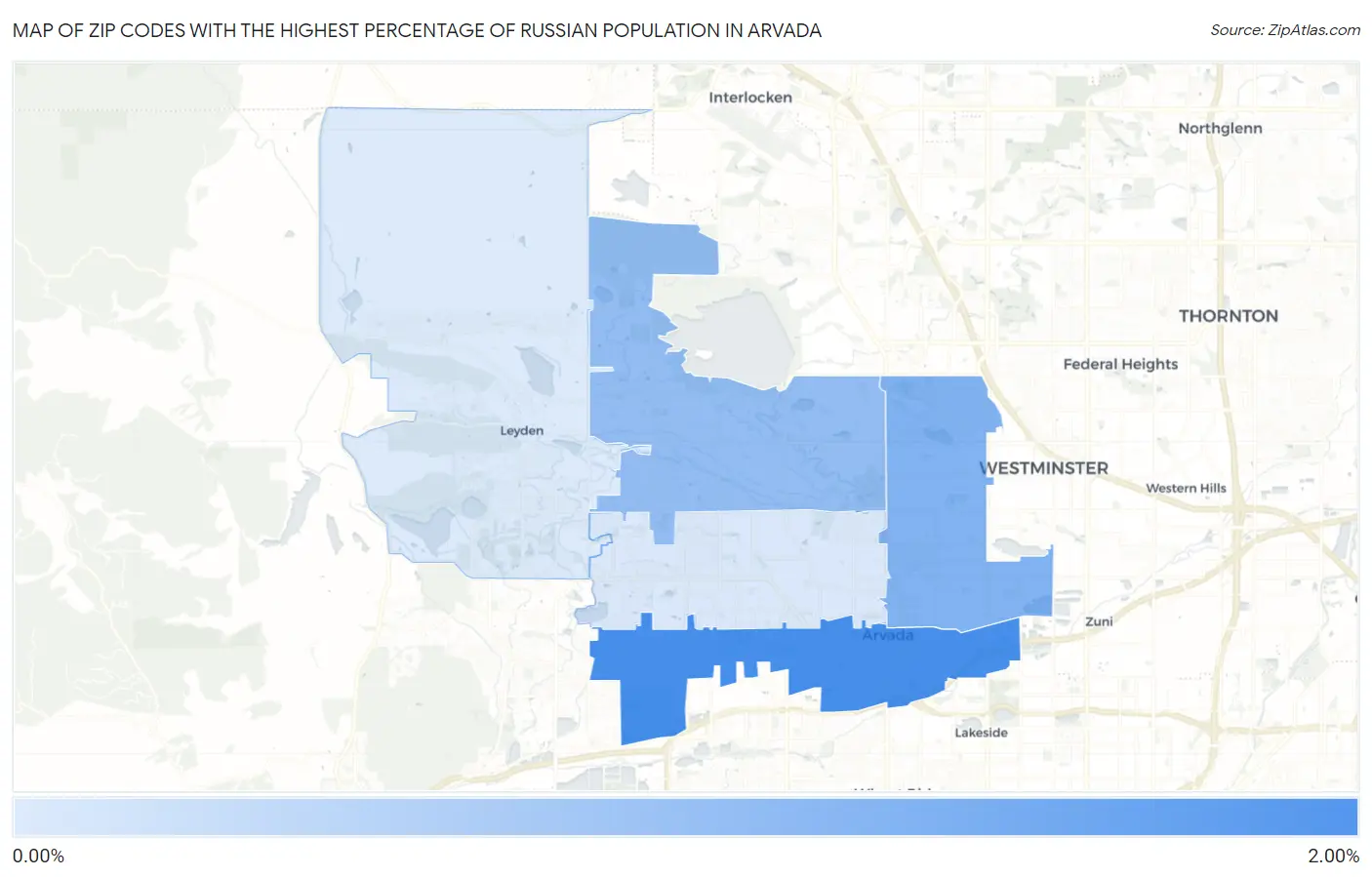 Zip Codes with the Highest Percentage of Russian Population in Arvada Map