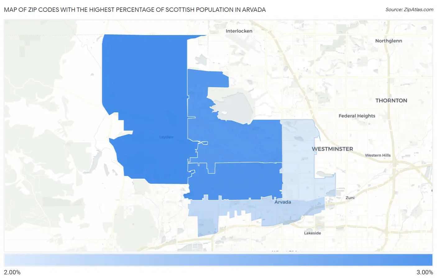 Zip Codes with the Highest Percentage of Scottish Population in Arvada Map