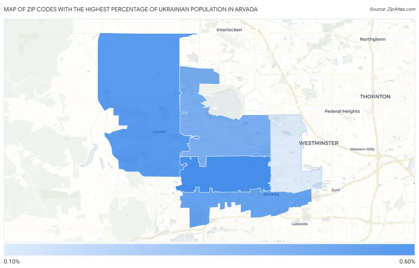 Zip Codes with the Highest Percentage of Ukrainian Population in Arvada Map