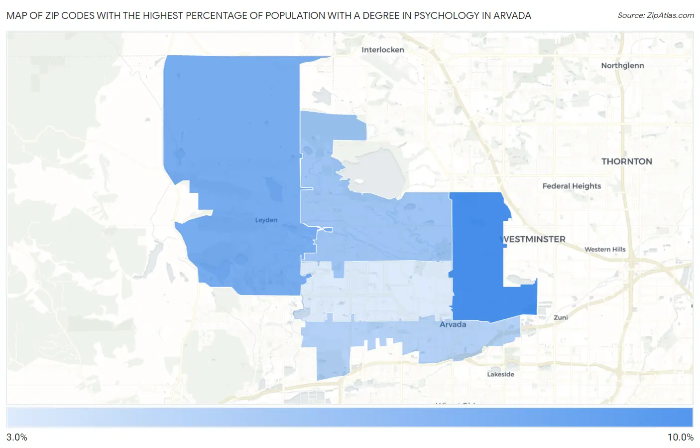 Zip Codes with the Highest Percentage of Population with a Degree in Psychology in Arvada Map