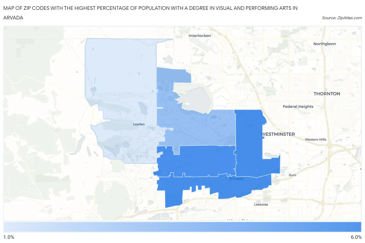 Zip Codes with the Highest Percentage of Population with a Degree in Visual and Performing Arts in Arvada Map