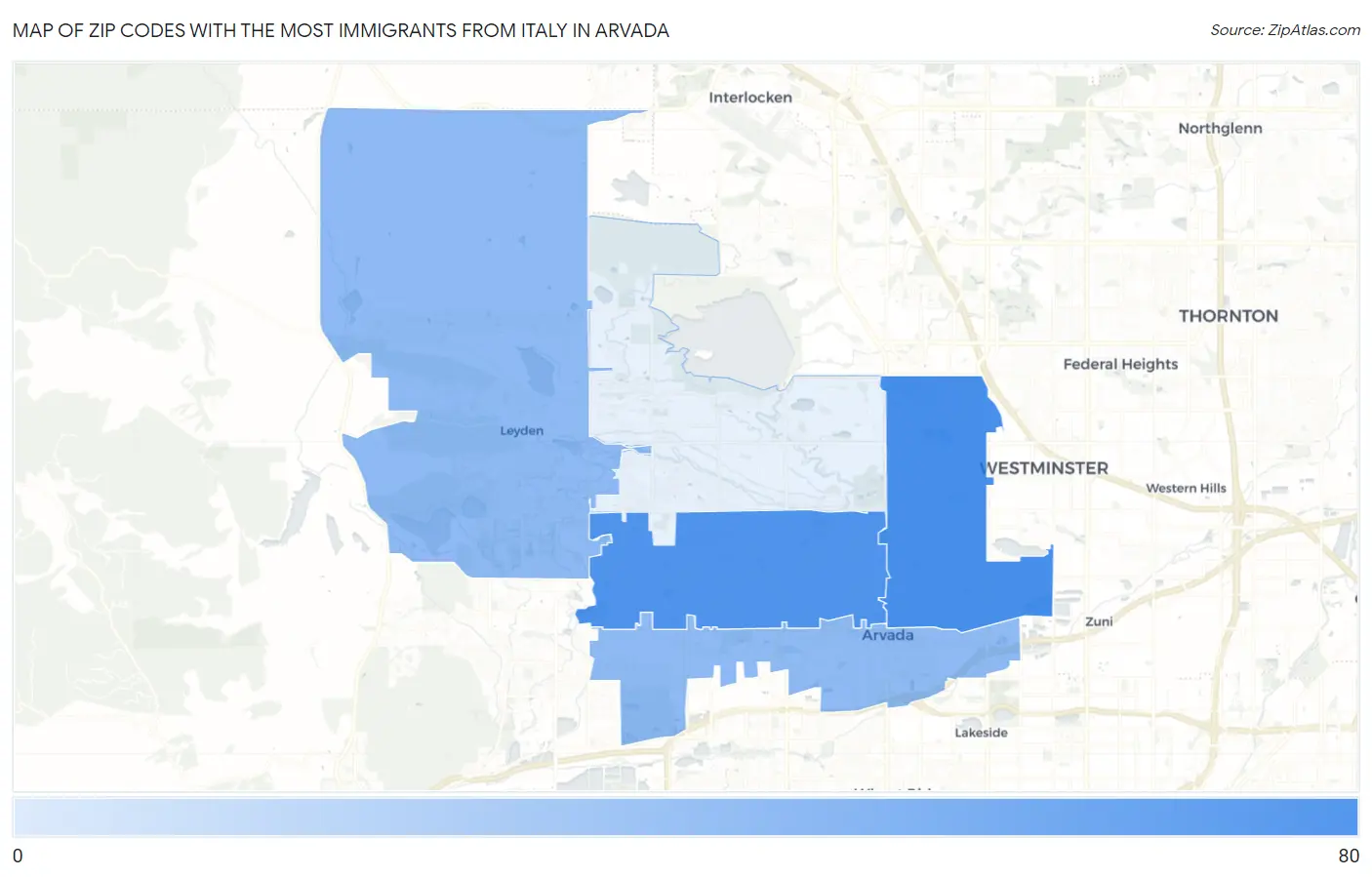 Zip Codes with the Most Immigrants from Italy in Arvada Map