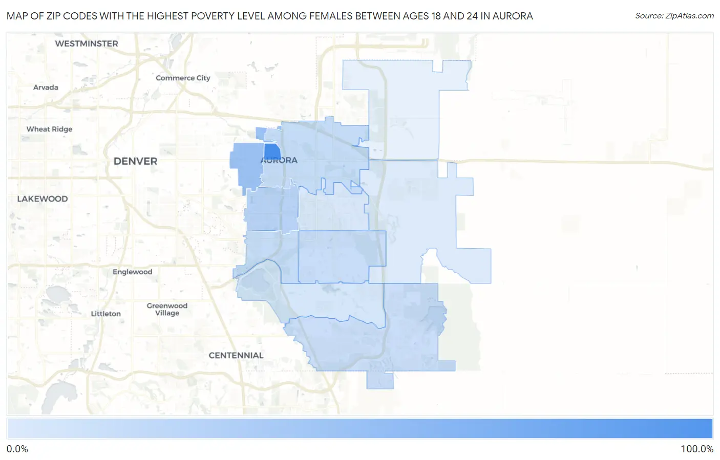 Zip Codes with the Highest Poverty Level Among Females Between Ages 18 and 24 in Aurora Map