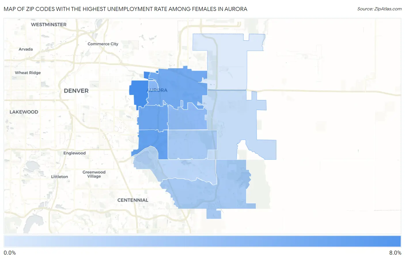 Zip Codes with the Highest Unemployment Rate Among Females in Aurora Map