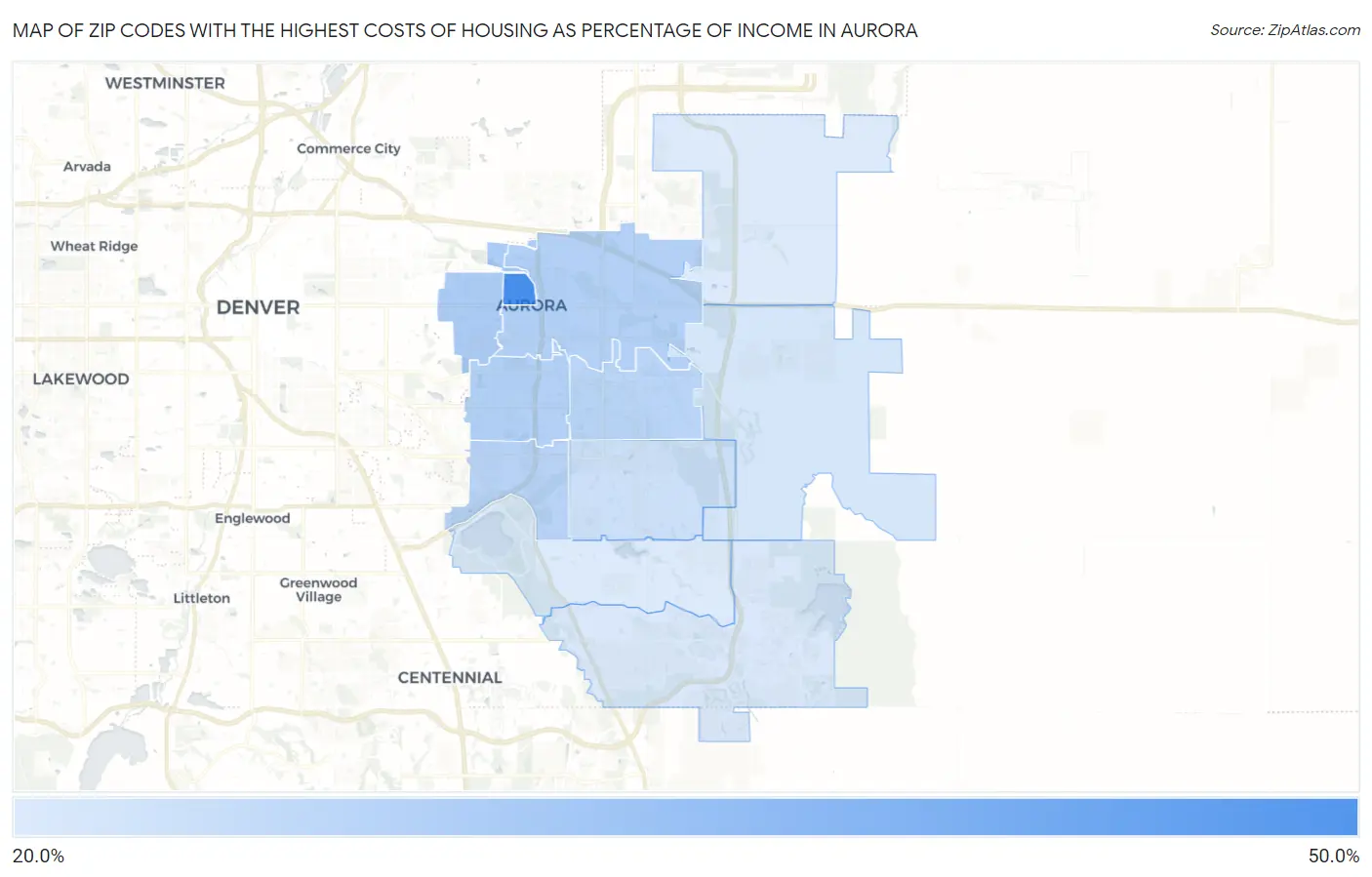 Zip Codes with the Highest Costs of Housing as Percentage of Income in Aurora Map