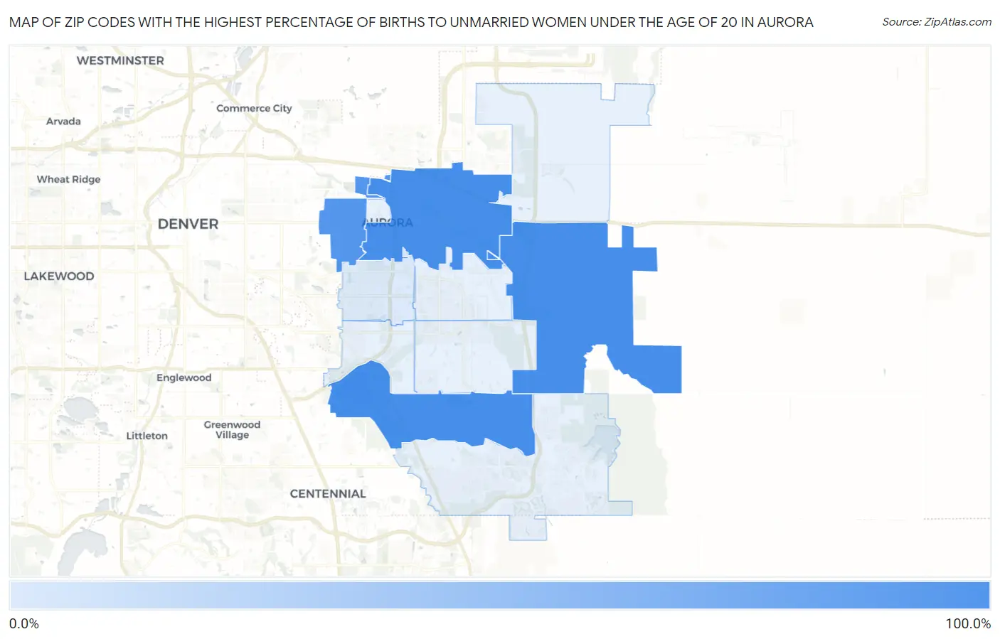 Zip Codes with the Highest Percentage of Births to Unmarried Women under the Age of 20 in Aurora Map