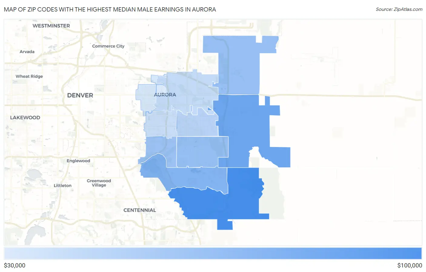 Zip Codes with the Highest Median Male Earnings in Aurora Map