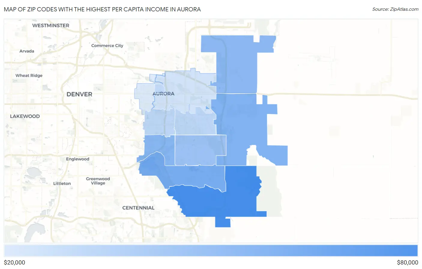 Zip Codes with the Highest Per Capita Income in Aurora Map