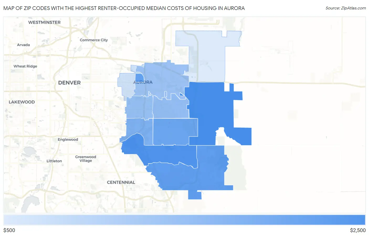 Zip Codes with the Highest Renter-Occupied Median Costs of Housing in Aurora Map