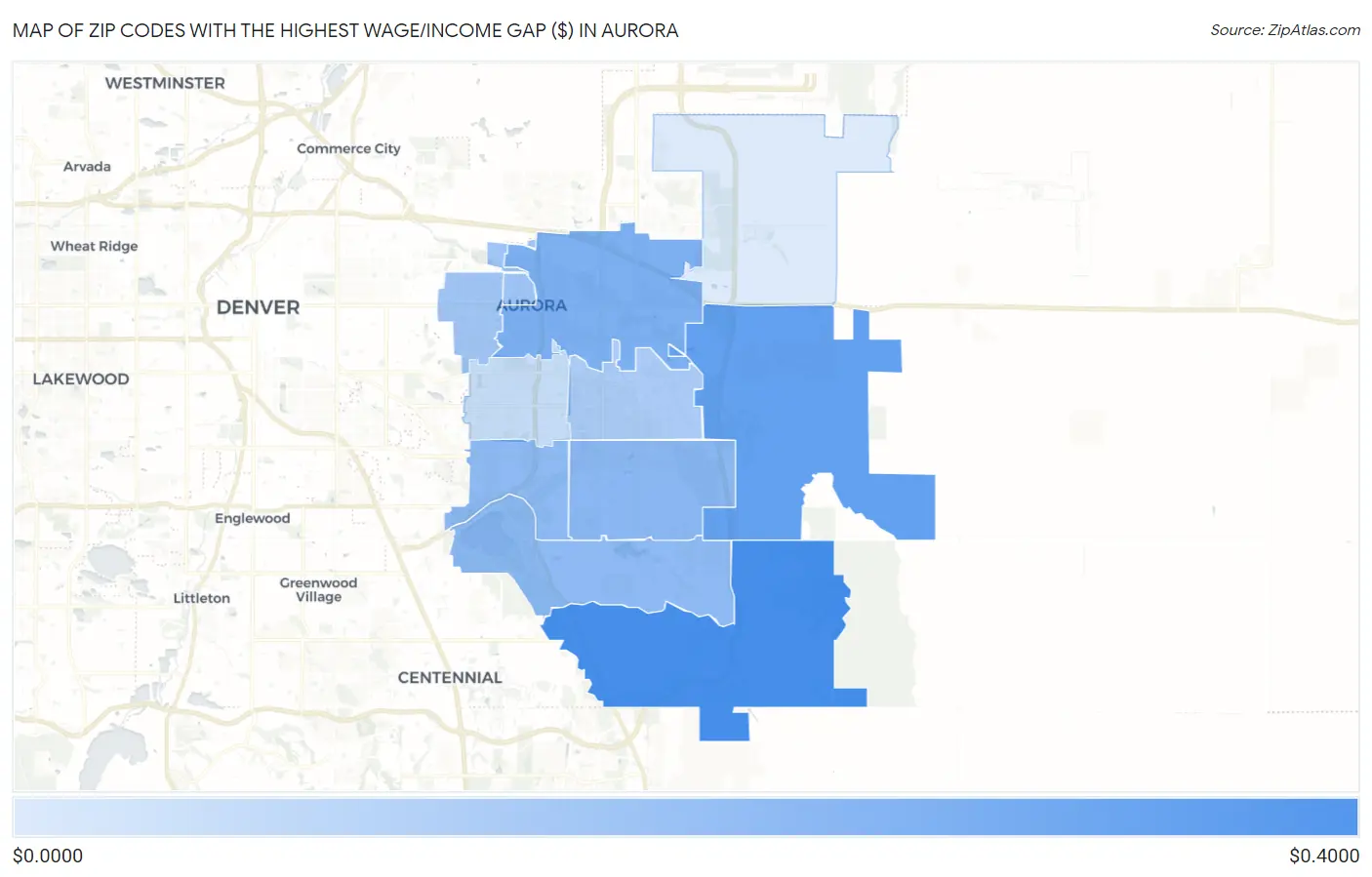 Zip Codes with the Highest Wage/Income Gap ($) in Aurora Map