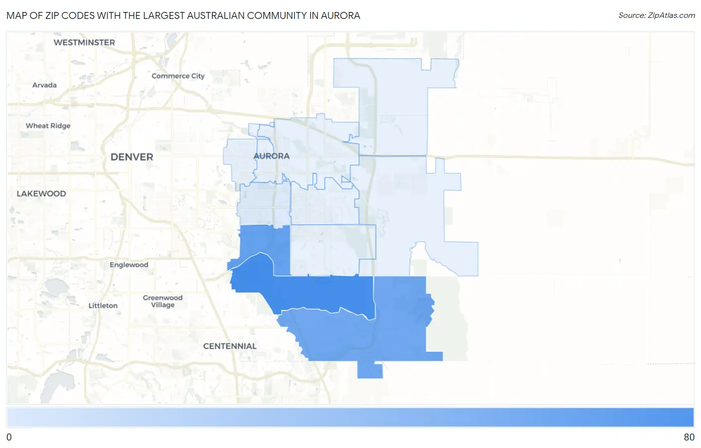 Zip Codes with the Largest Australian Community in Aurora Map