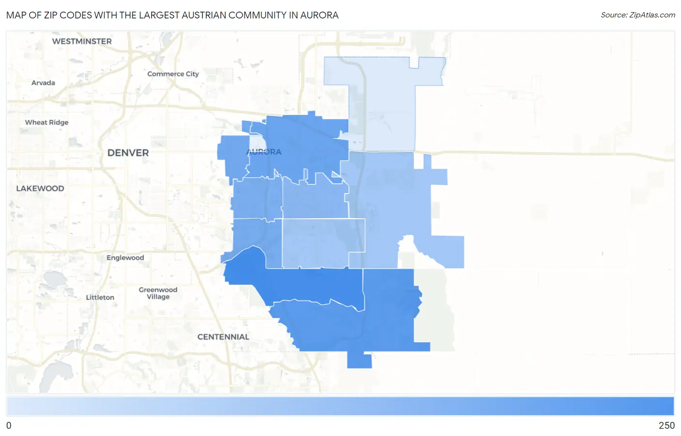 Zip Codes with the Largest Austrian Community in Aurora Map