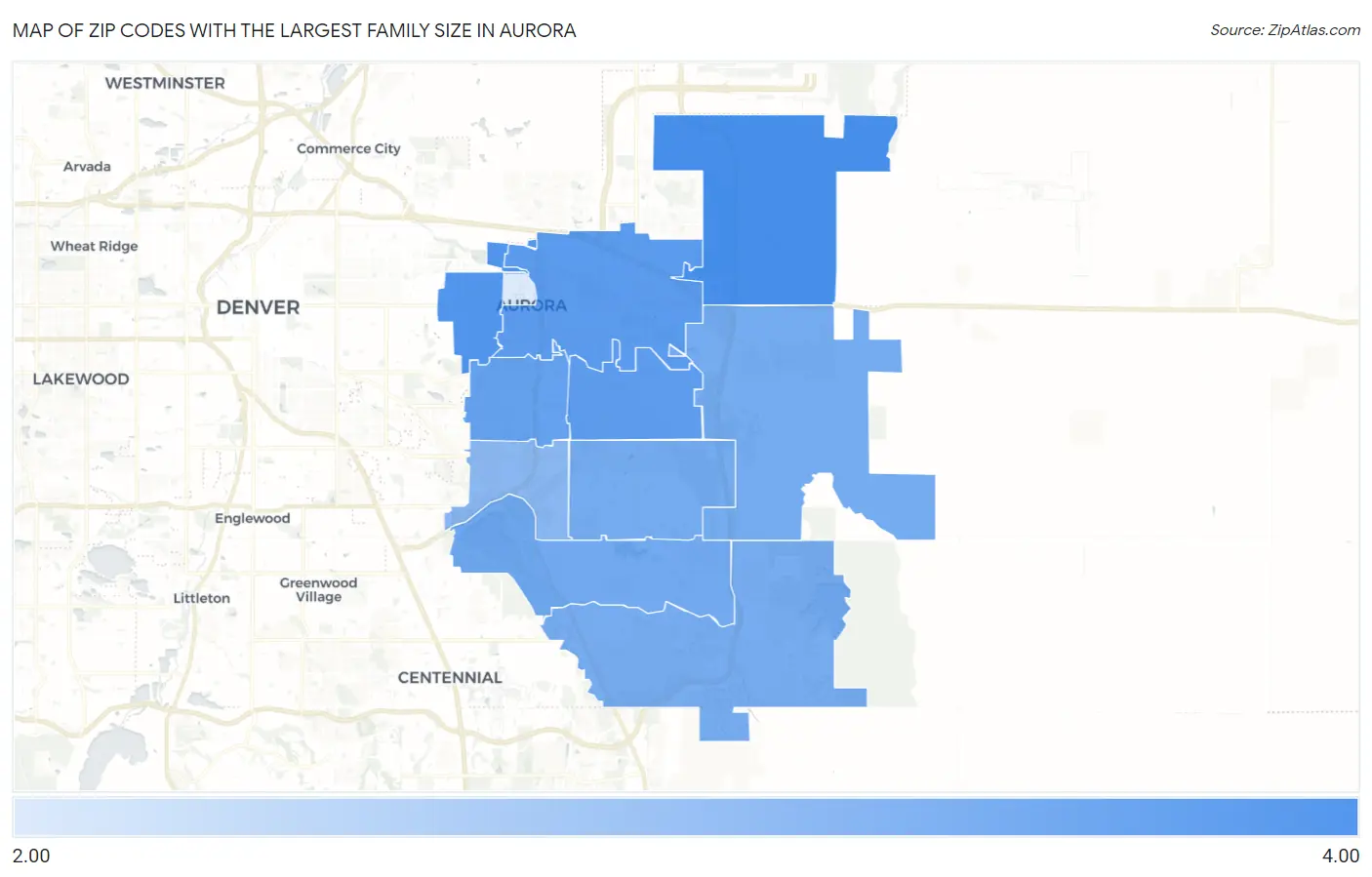 Zip Codes with the Largest Family Size in Aurora Map