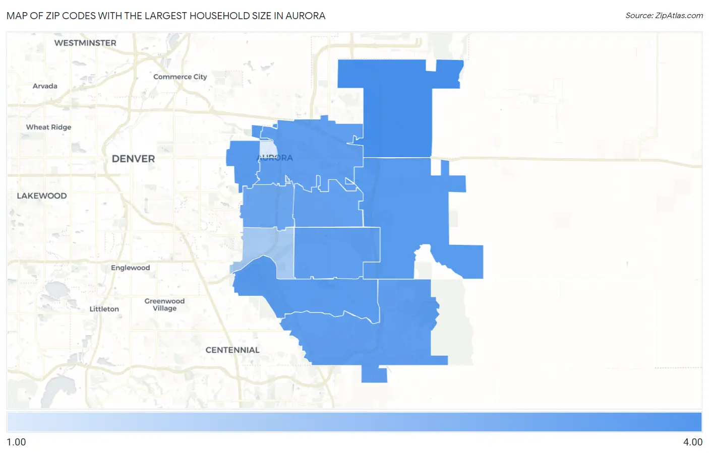 Zip Codes with the Largest Household Size in Aurora Map