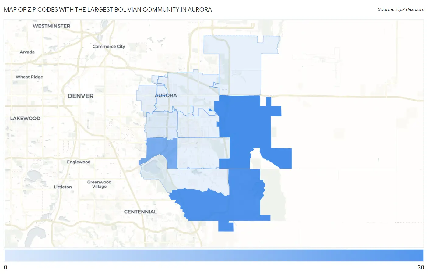 Zip Codes with the Largest Bolivian Community in Aurora Map