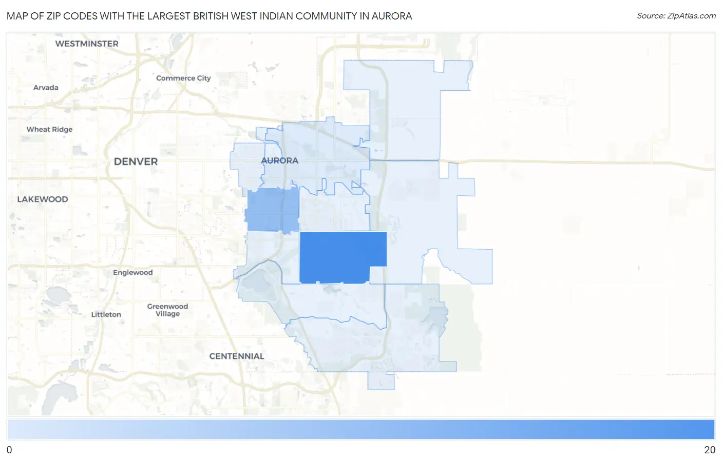 Zip Codes with the Largest British West Indian Community in Aurora Map