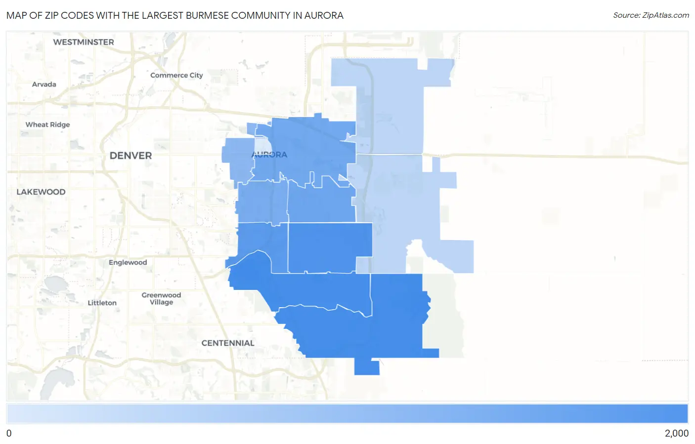 Zip Codes with the Largest Burmese Community in Aurora Map