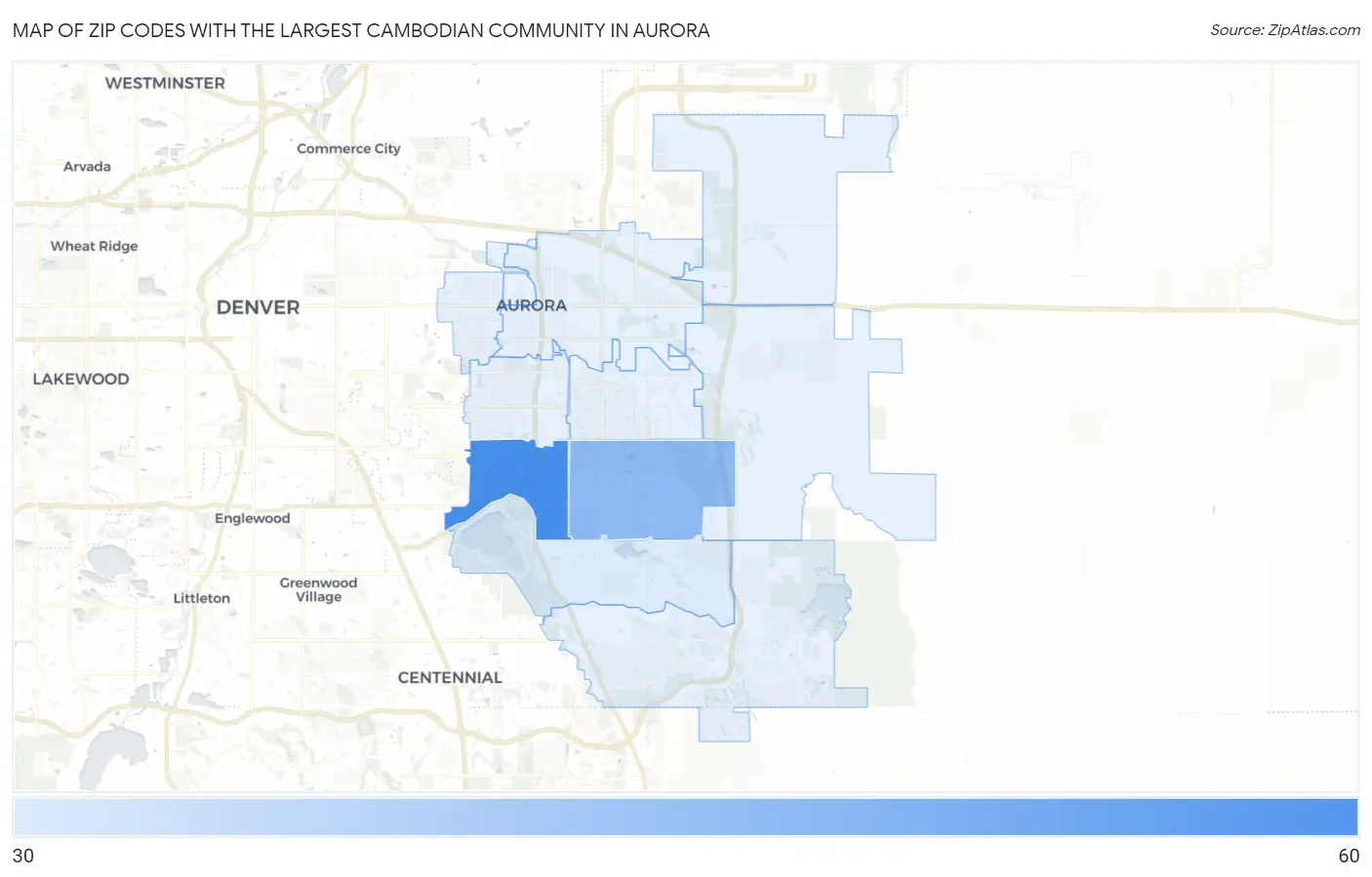 Zip Codes with the Largest Cambodian Community in Aurora Map