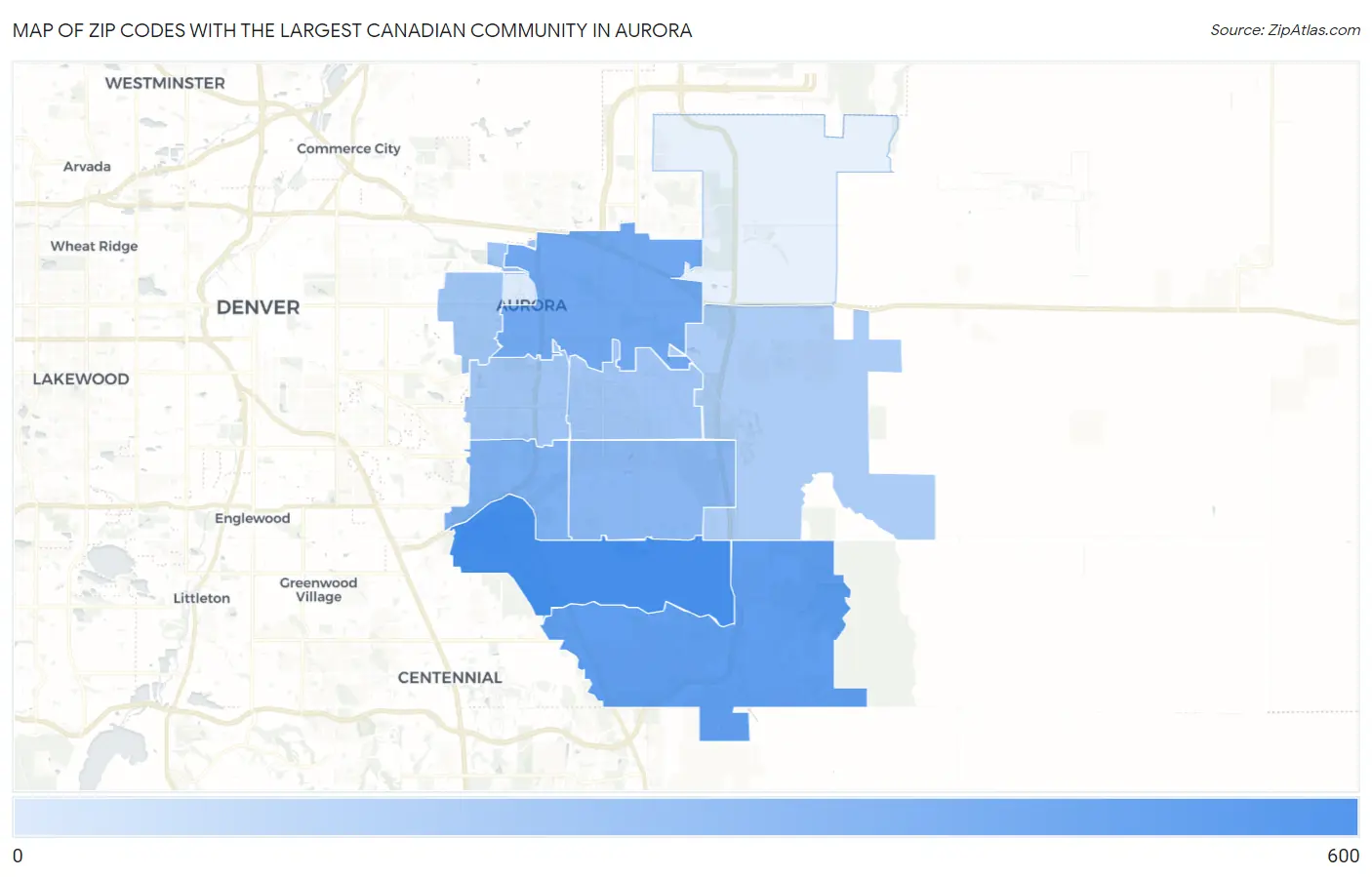 Zip Codes with the Largest Canadian Community in Aurora Map
