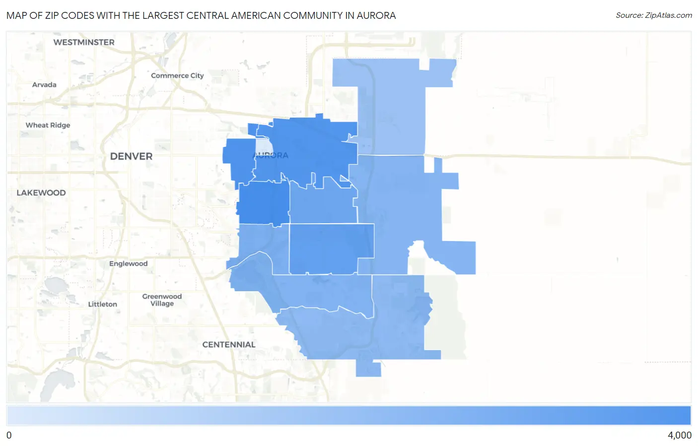 Zip Codes with the Largest Central American Community in Aurora Map
