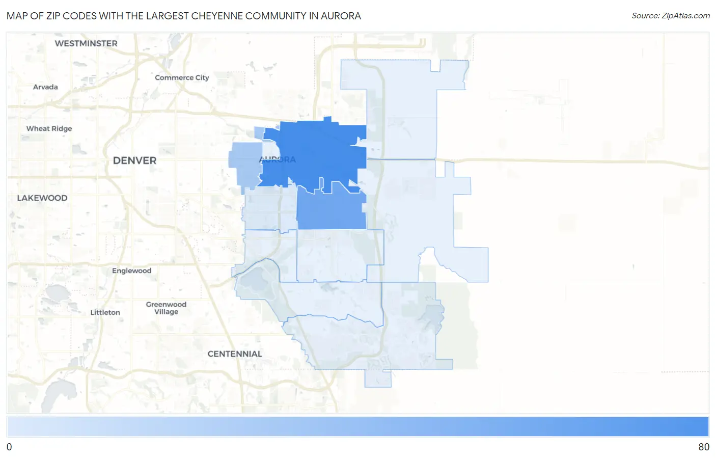 Zip Codes with the Largest Cheyenne Community in Aurora Map