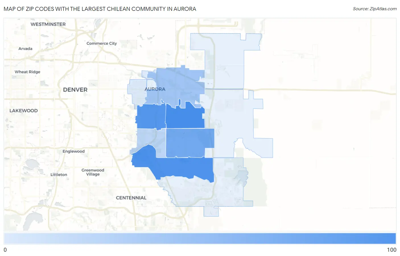 Zip Codes with the Largest Chilean Community in Aurora Map