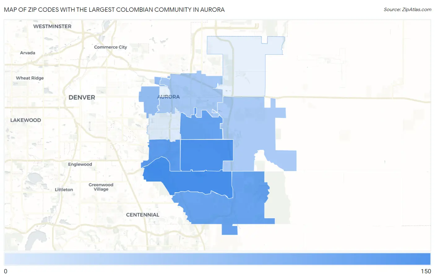 Zip Codes with the Largest Colombian Community in Aurora Map