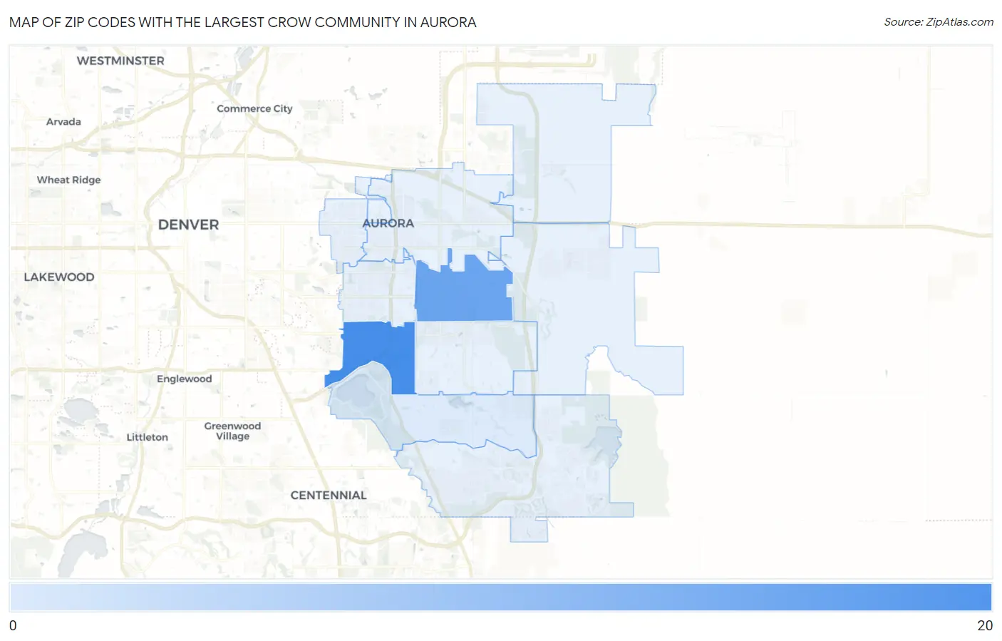 Zip Codes with the Largest Crow Community in Aurora Map