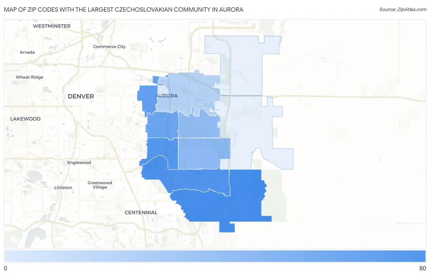 Zip Codes with the Largest Czechoslovakian Community in Aurora Map