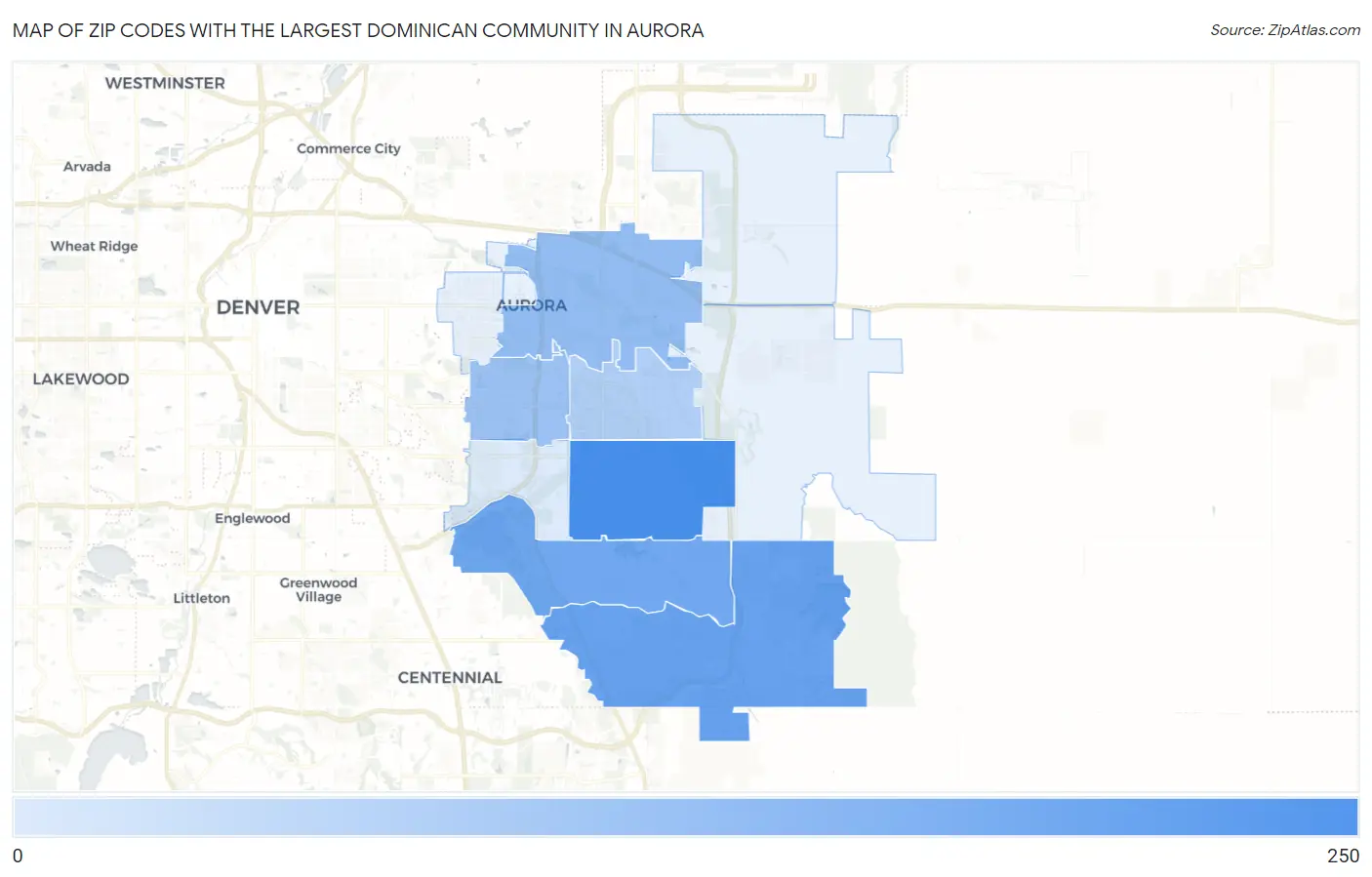 Zip Codes with the Largest Dominican Community in Aurora Map