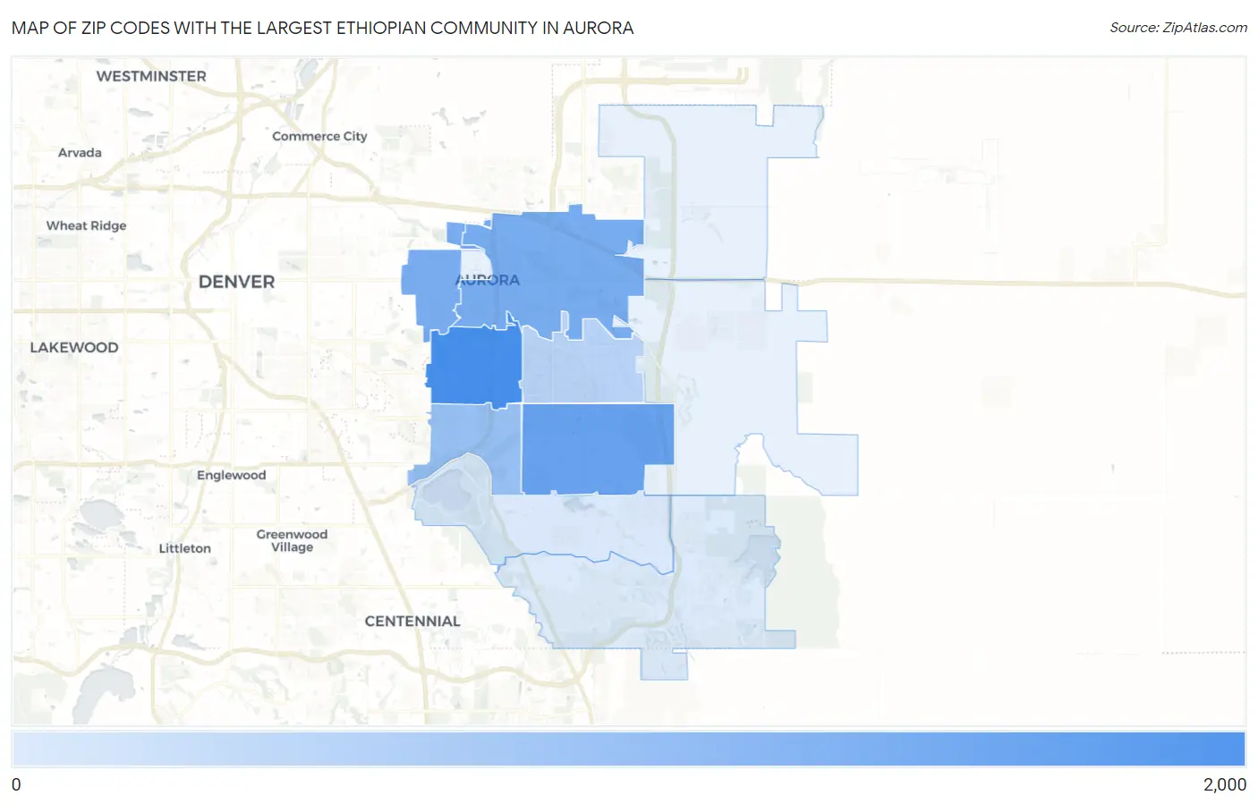 Zip Codes with the Largest Ethiopian Community in Aurora Map
