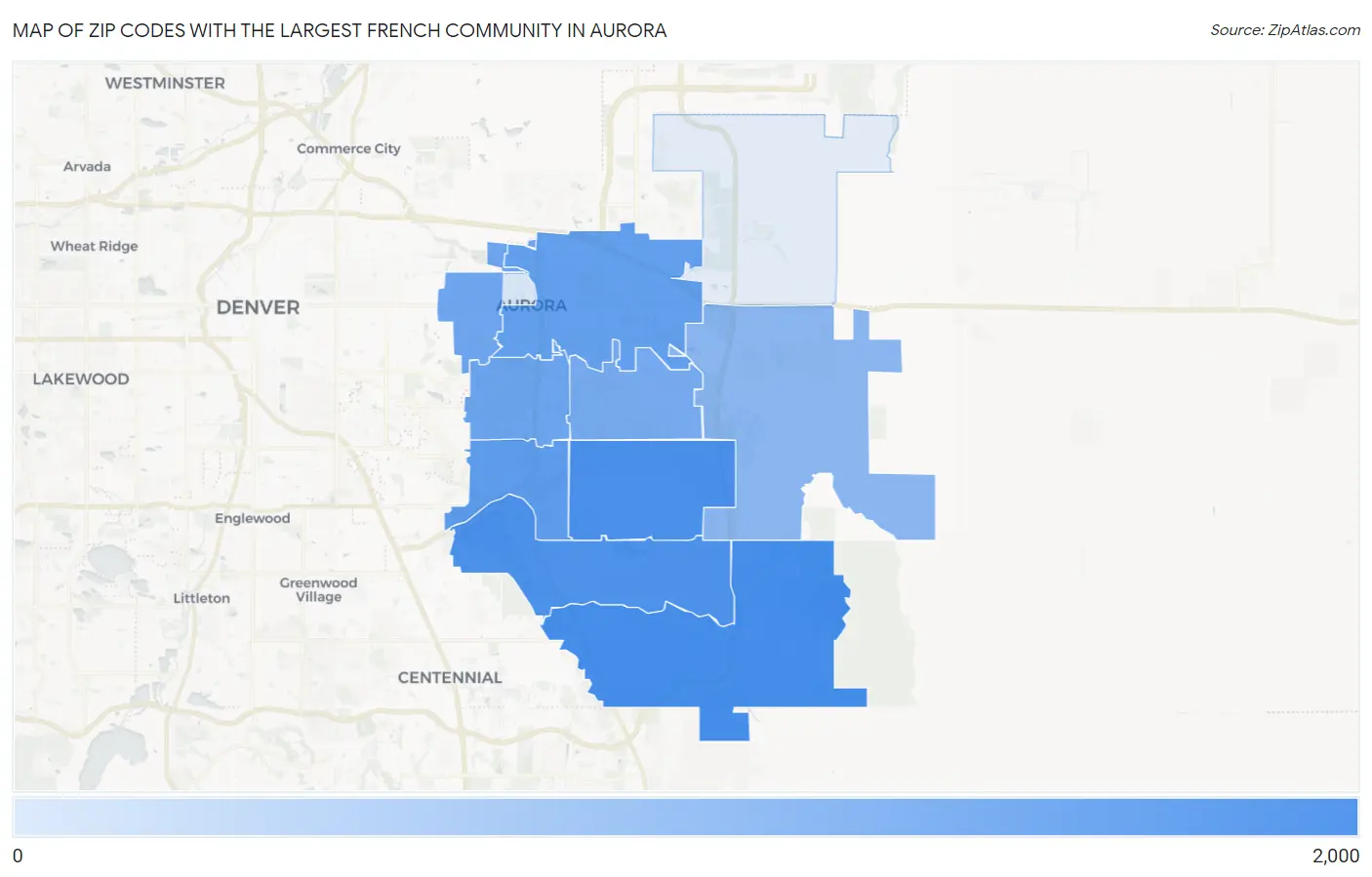Zip Codes with the Largest French Community in Aurora Map