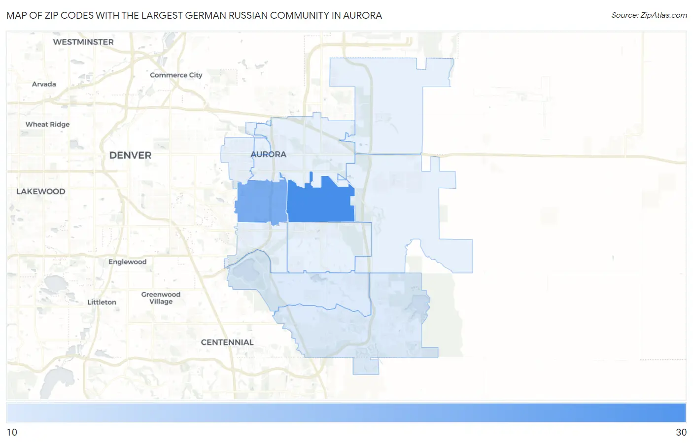 Zip Codes with the Largest German Russian Community in Aurora Map