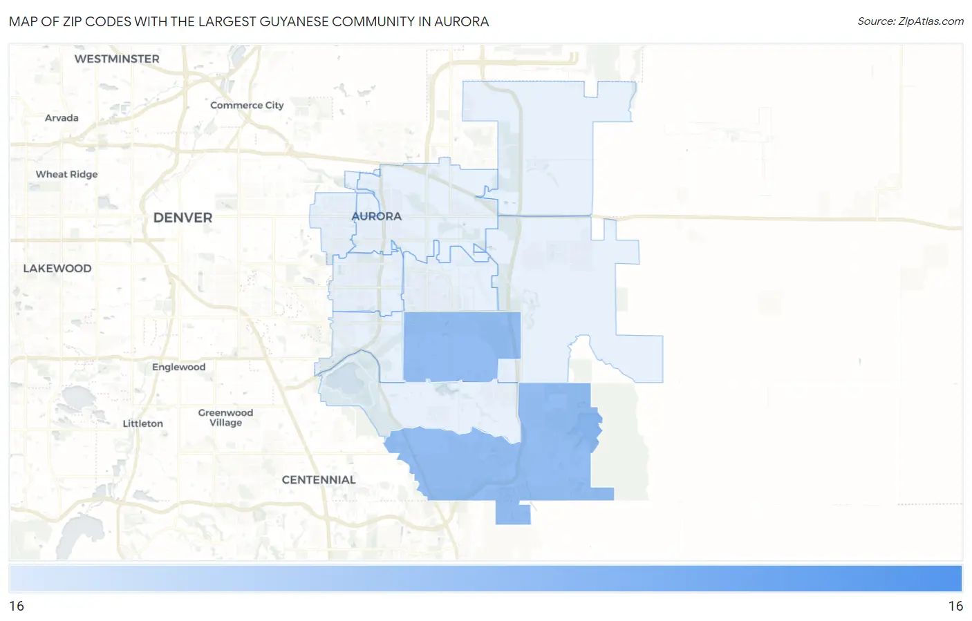 Zip Codes with the Largest Guyanese Community in Aurora Map