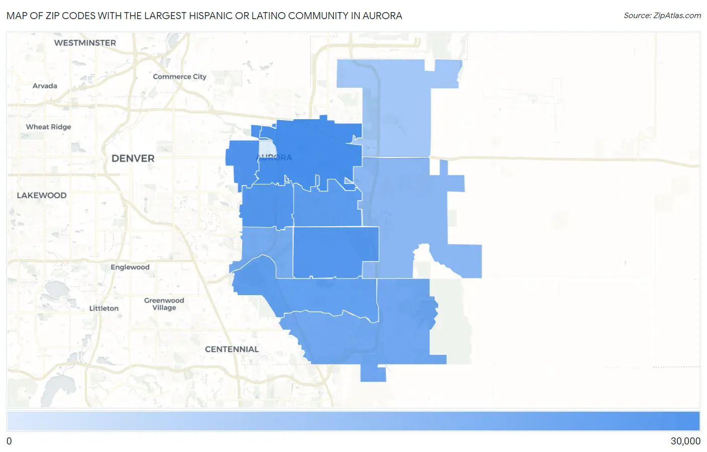 Zip Codes with the Largest Hispanic or Latino Community in Aurora Map